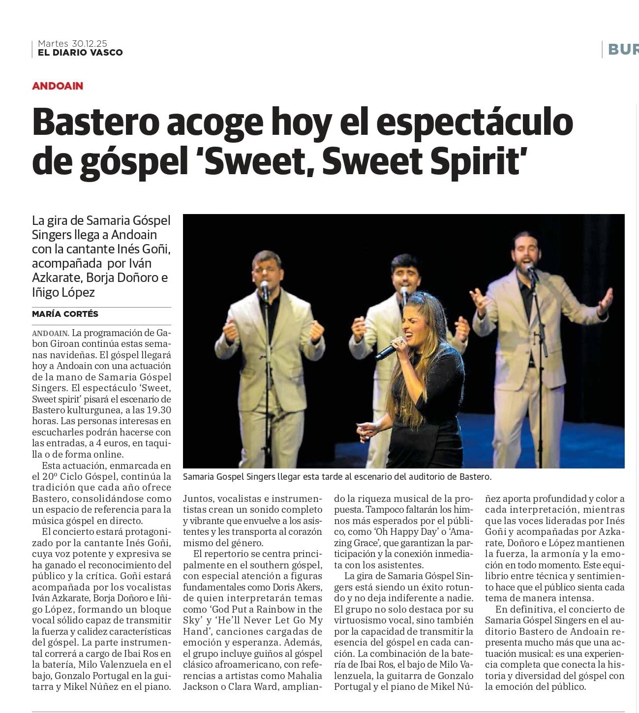 Samaria Gospel Singers presenta su espectáculo de góspel en Bastero, Andoain / Samaria Gospel Singers taldeak gospel ikuskizuna aurkezten du Andoaingo Basteron