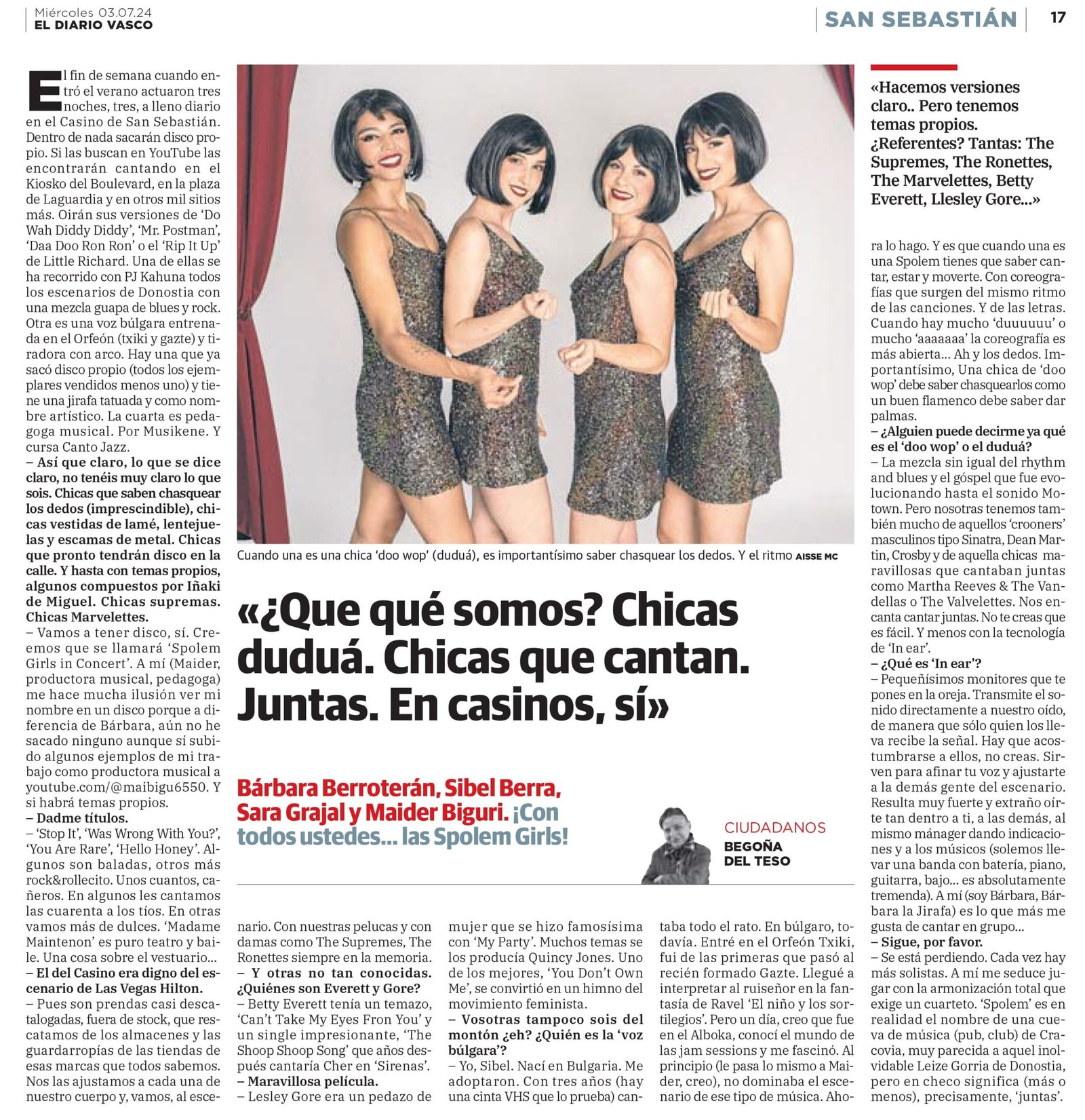 Recorte de prensa de El Diario Vasco sobre The Spolem Girls